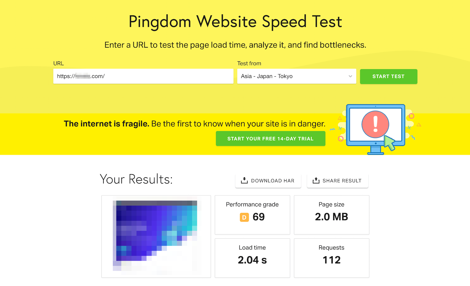 Risultati del test di velocità di Pingdom Tools