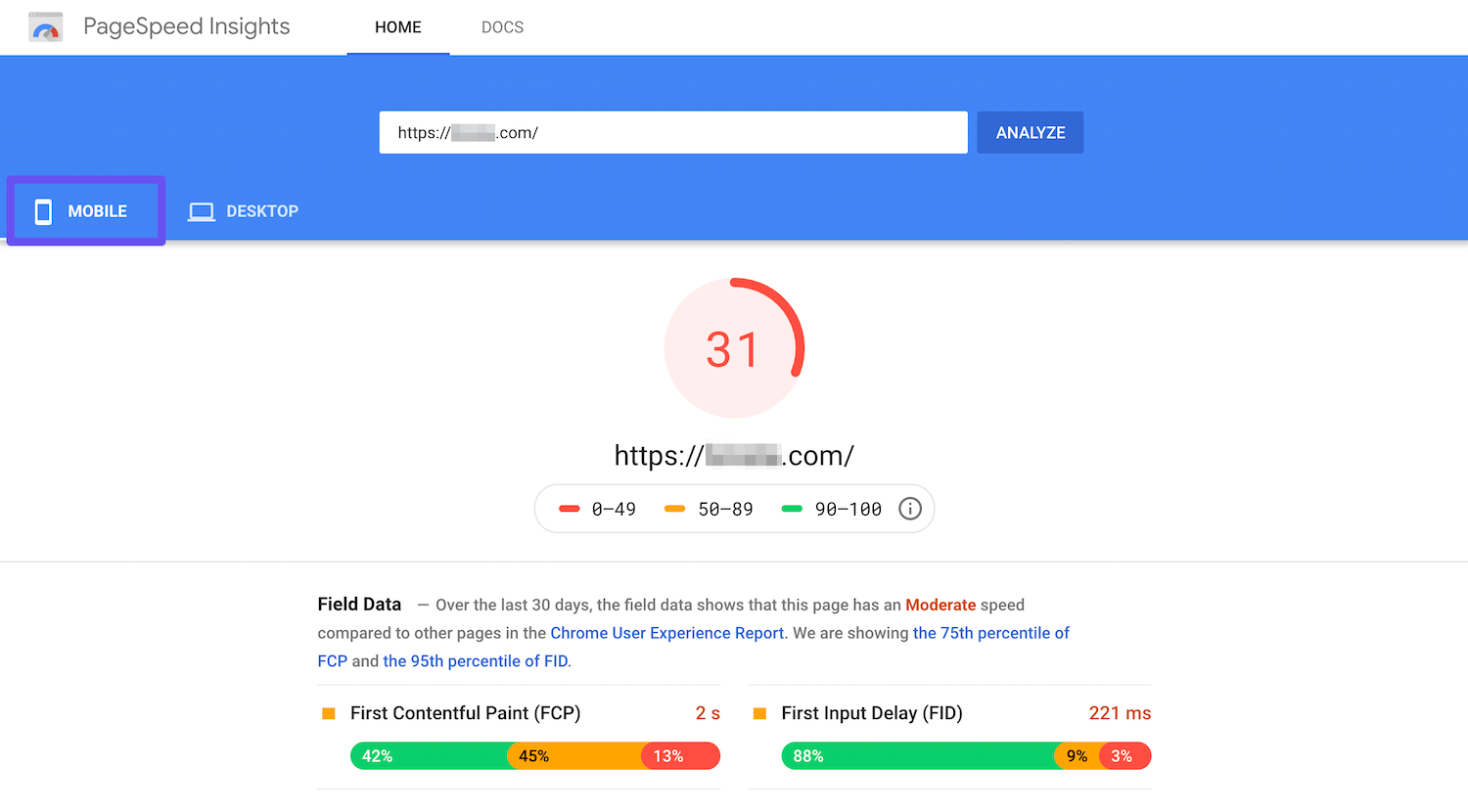 Scheda Mobile in Google PageSpeed Insights