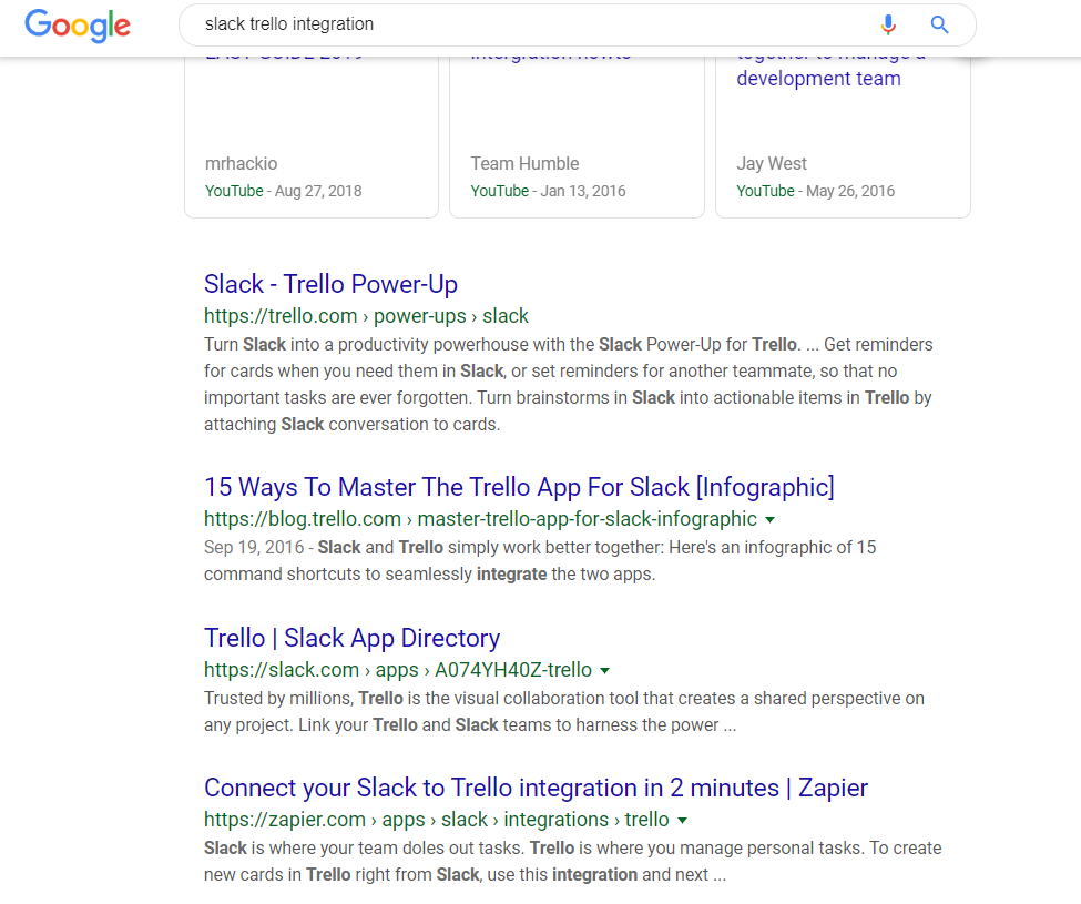 SERP di Google per "slack trello integration".