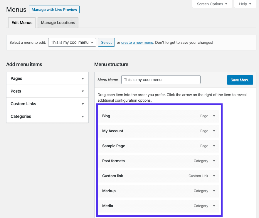 La sezione Struttura del menu dell'editor dei menu