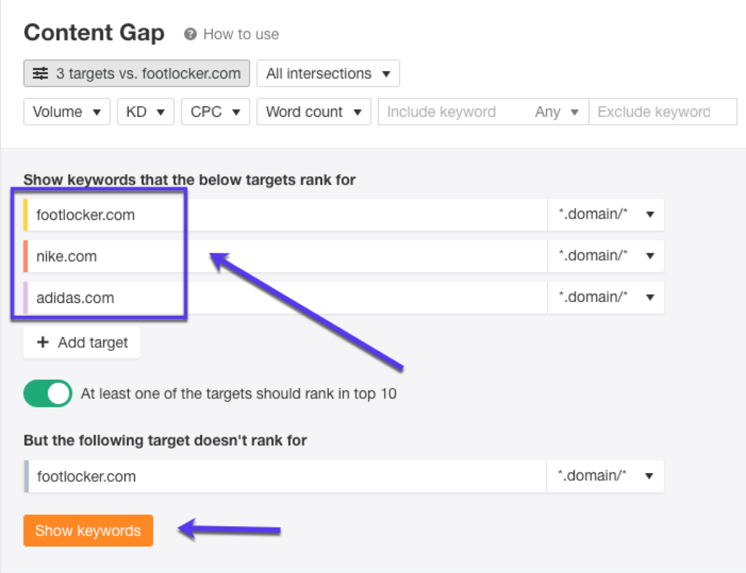 Usare lo strumento Ahrefs Content Gap per trovare le parole chiave da prendere di mira