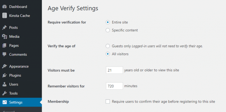 Parte delle impostazioni del plugin
