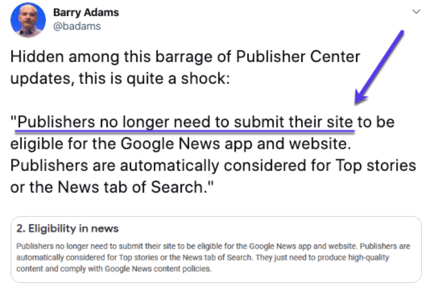 Barry Adams ha notato che gli editori non hanno bisogno di trasmettere manualmente i loro siti