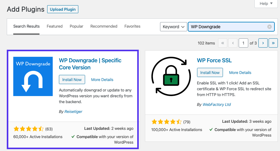 Installazione del plugin WP Downgrade