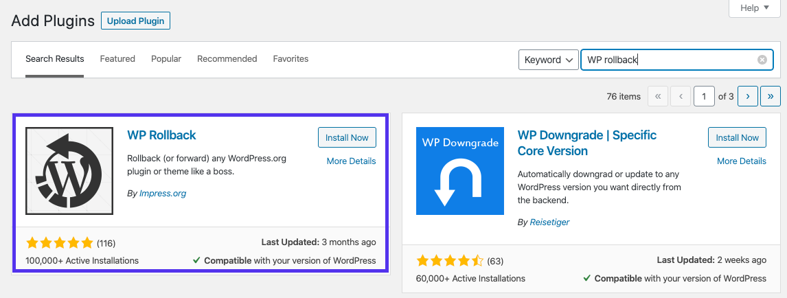 Installazione del plugin WP Rollback