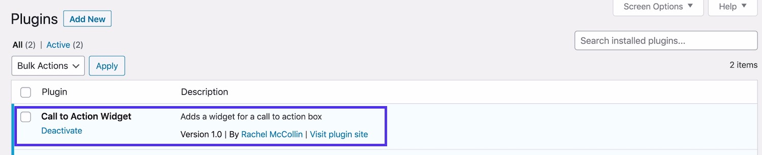 Plugin per widget nella schermata dei plugin