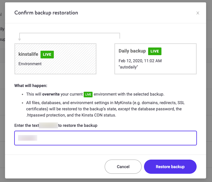 Ripristino dei backup attraverso MyKinsta