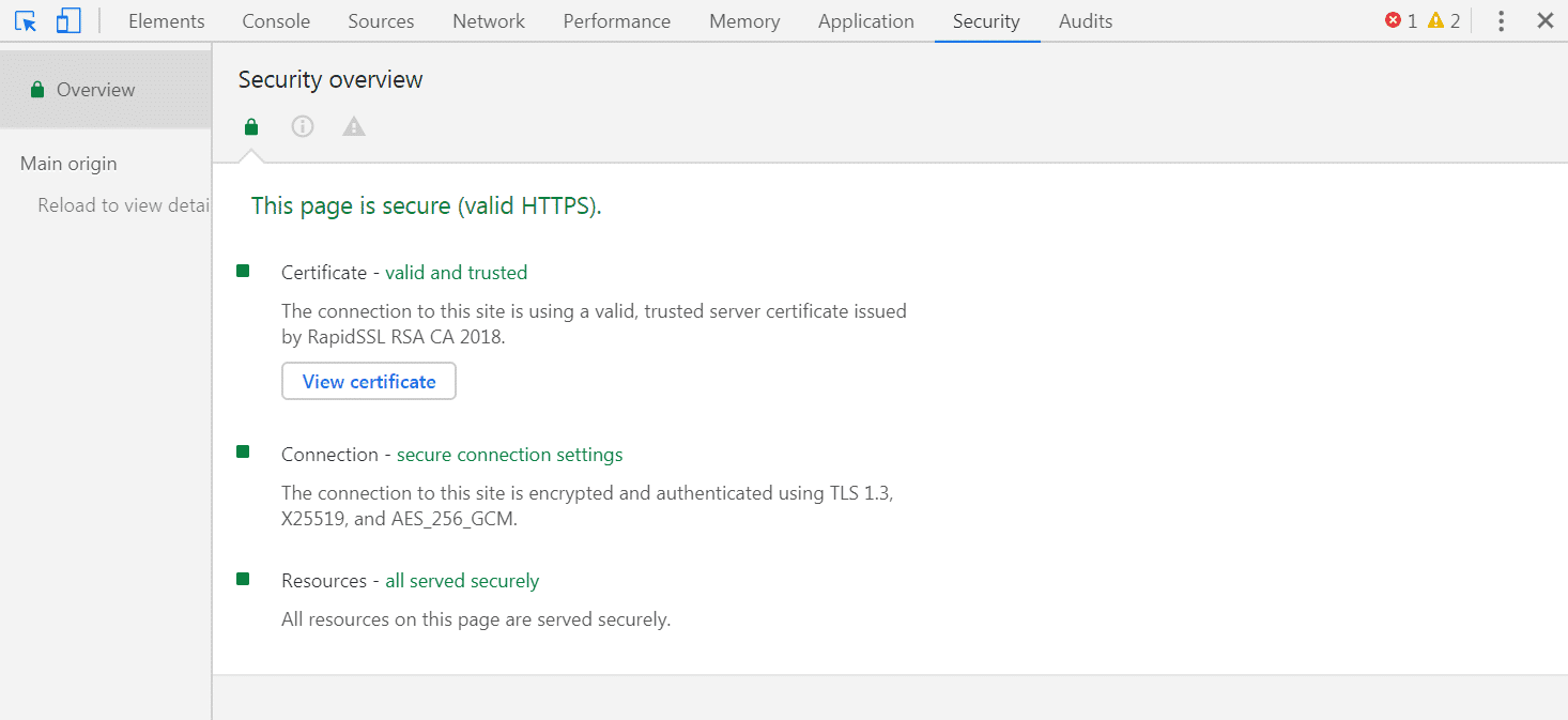 La scheda Security in Chrome DevTools