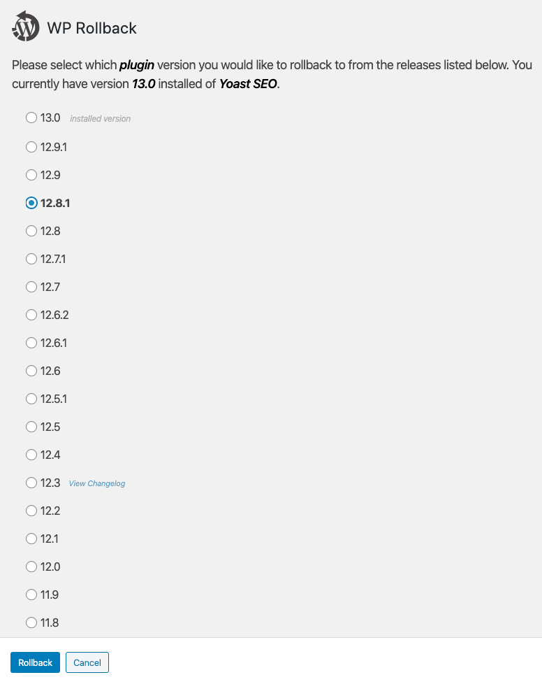 Selezione di una versione di destinazione con WP Rollback