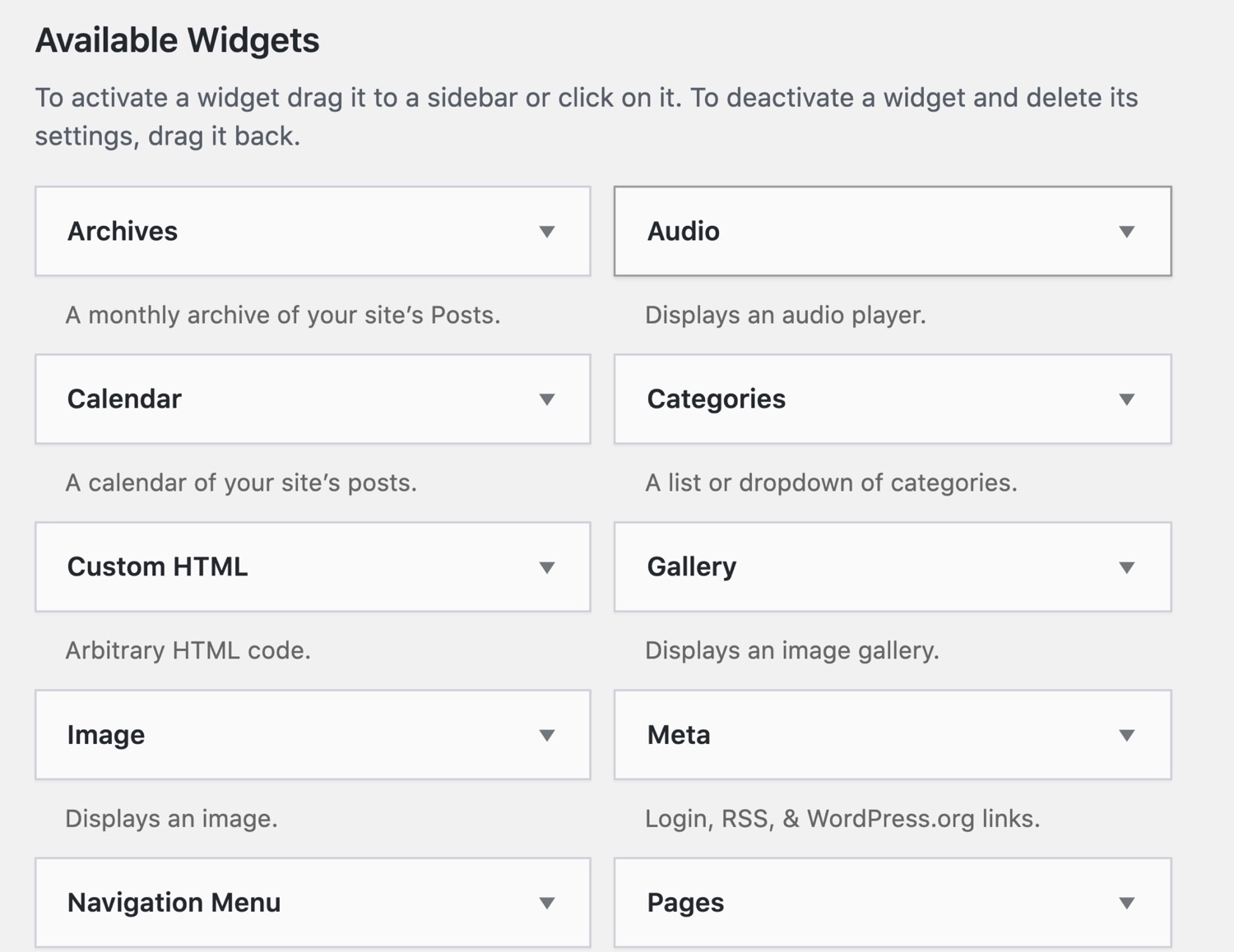 Widget WordPress preinstallati