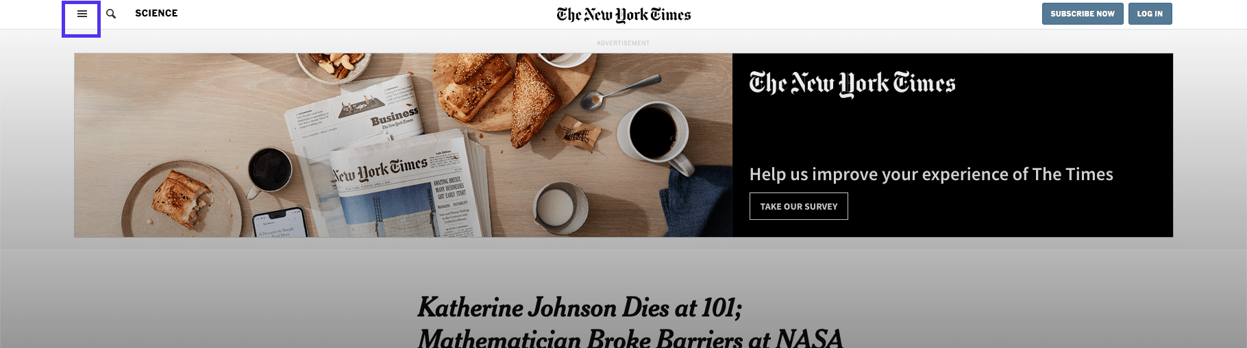Articolo del NYT - menu dell’header