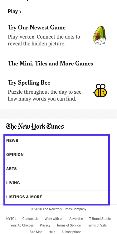 Articolo NYT - menu del footer (mobile)