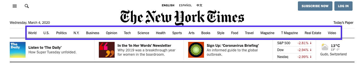 Menu della homepage del NYT