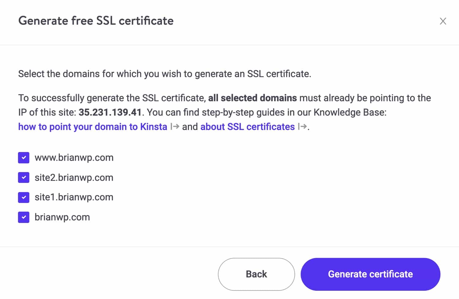 Generare un certificato SSL per il vostro multisito in MyKinsta.