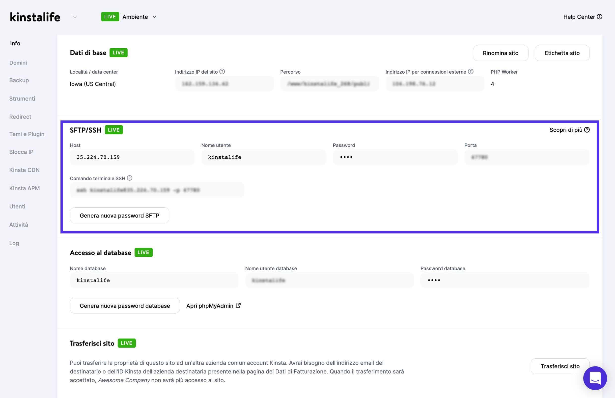 Credenziali di accesso a MyKinsta