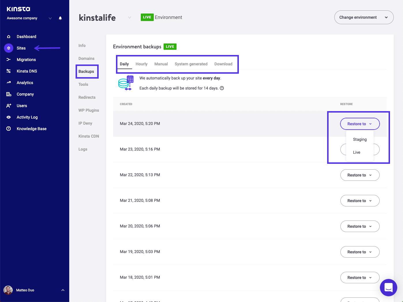 Ripristinare WordPress dal Backup in MyKinsta