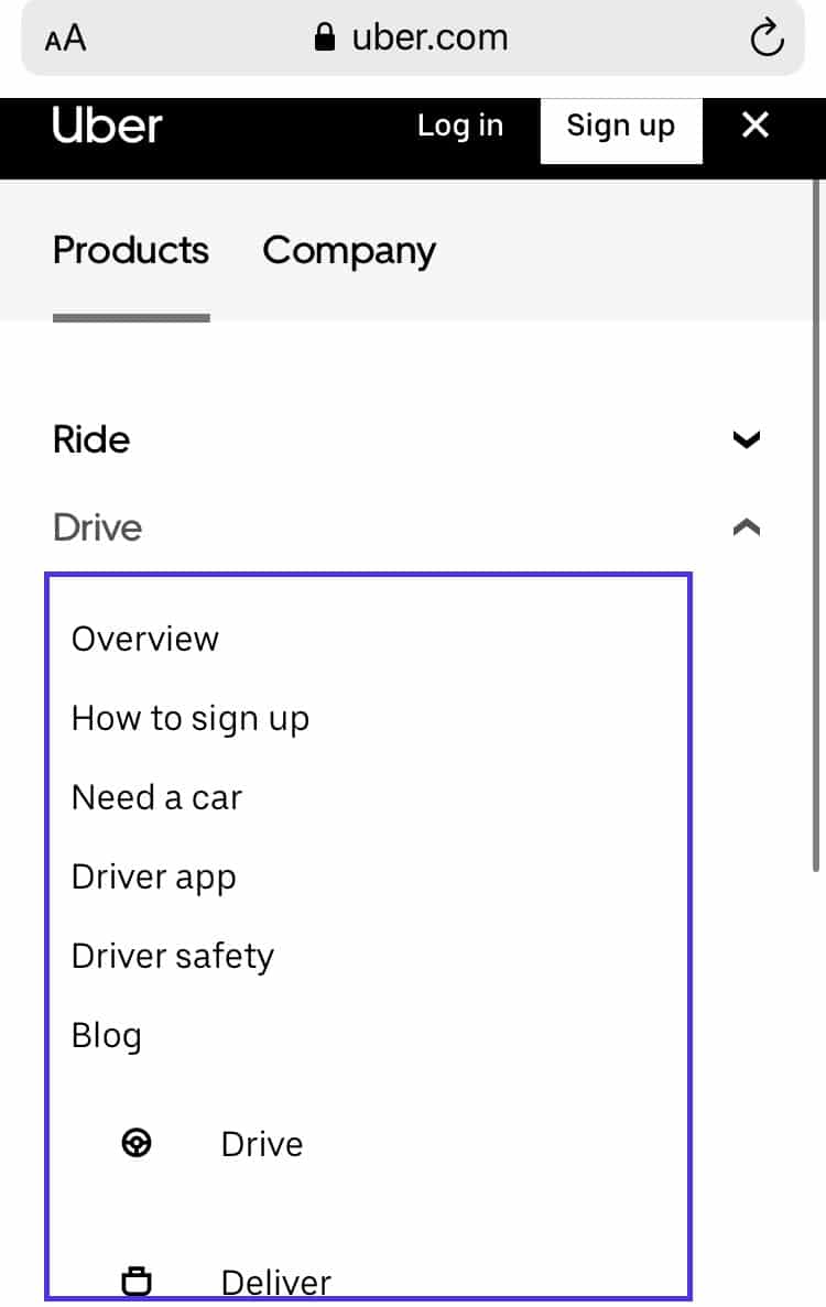 Menu mobile di Uber