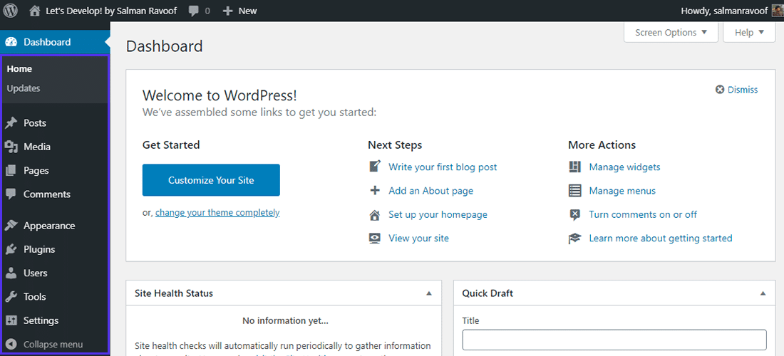 Il cruscotto di amministrazione predefinito di WordPress