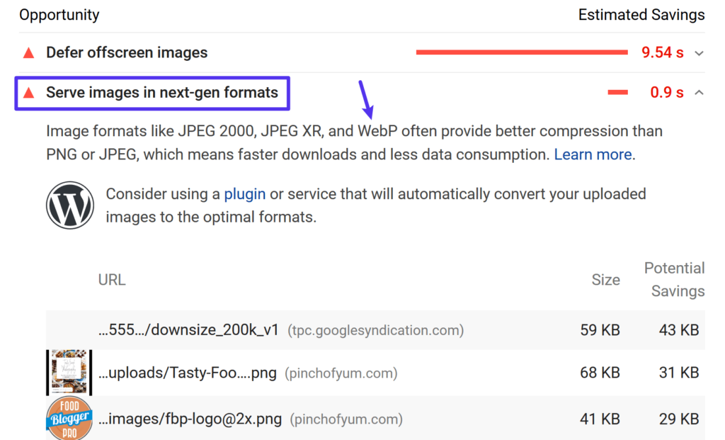 Google PageSpeed Insights suggerisce di utilizzare immagini WebP