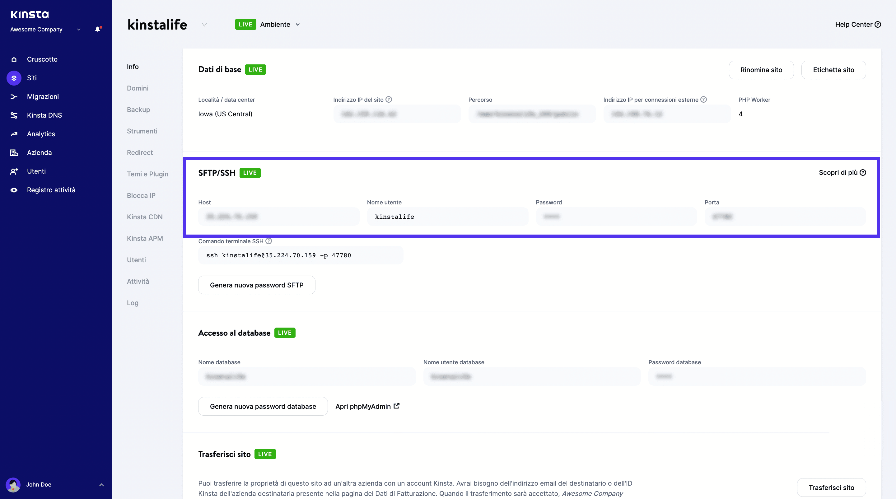 Credenziali FTP in MyKinsta