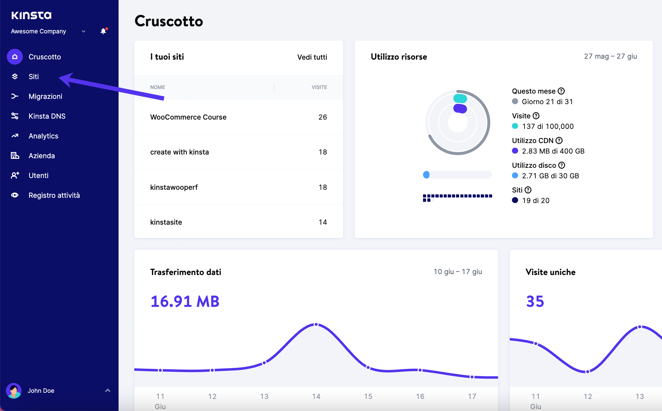 Scheda Siti nel cruscotto di MyKinsta.