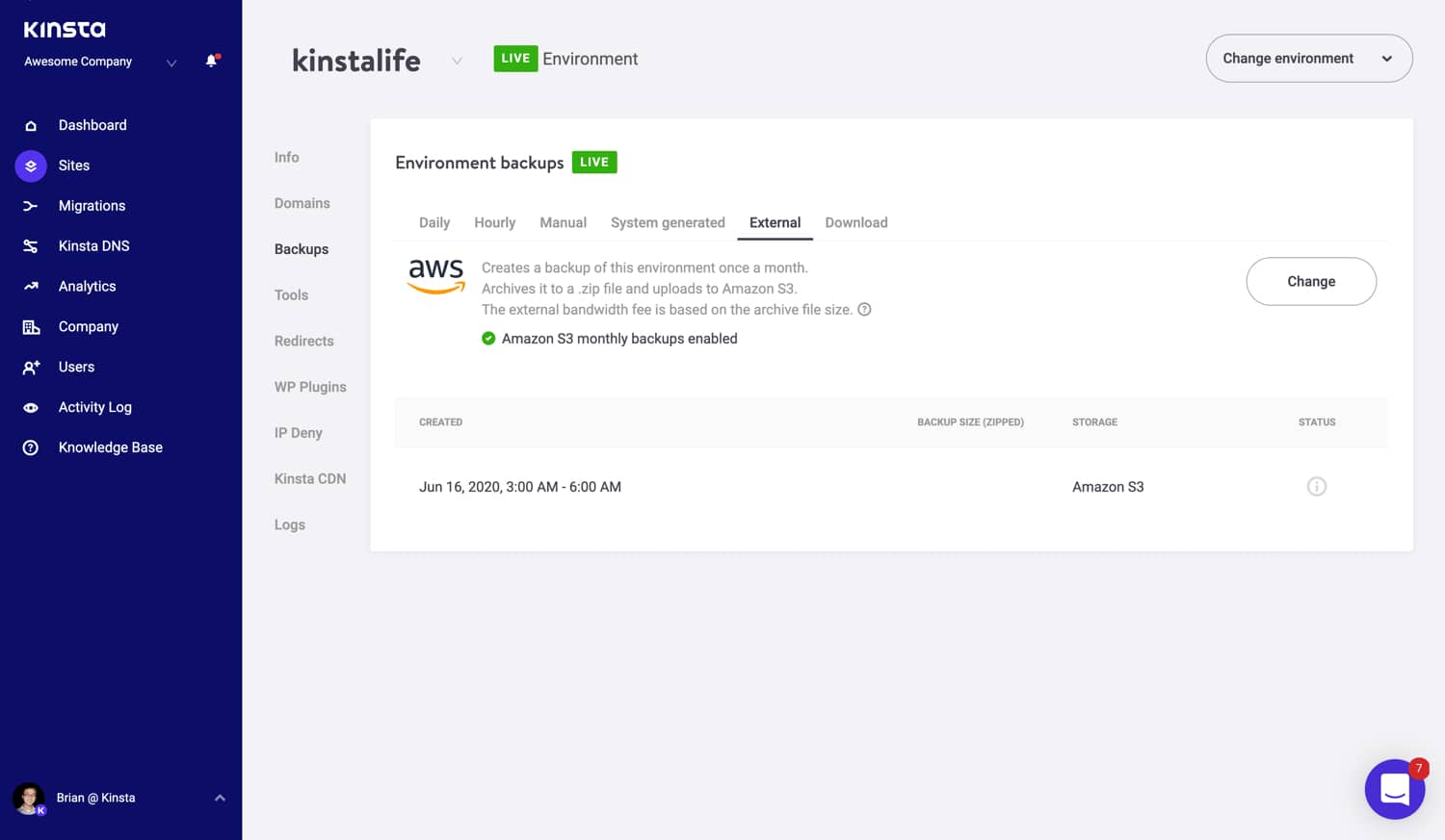 Add-on dei backup esterni Amazon S3.
