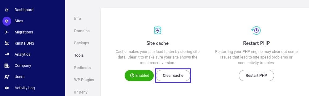 L'opzione Svuota Cache in MyKinsta