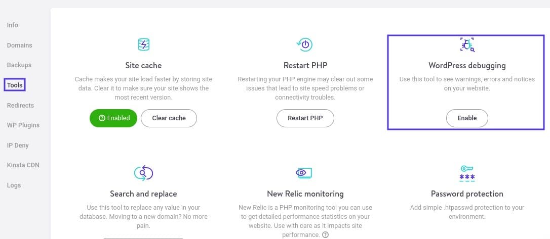 Come attivare la modalità di debug di WordPress in MyKinsta