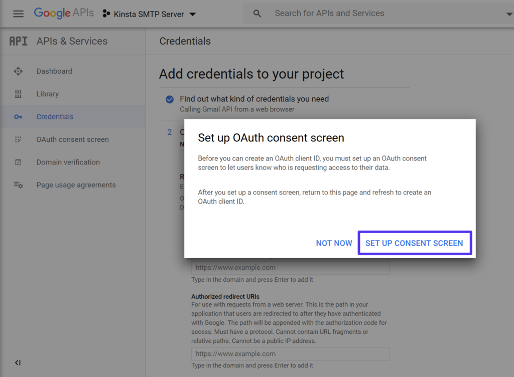 Il prompt per creare una schermata di consenso OAuth