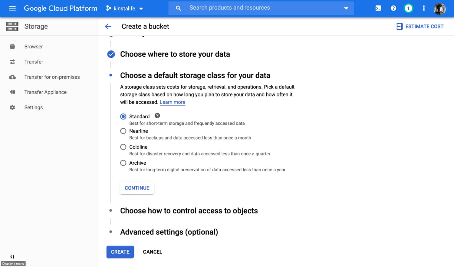 Selezionare una classe di archiviazione per il vostro bucket GCS.