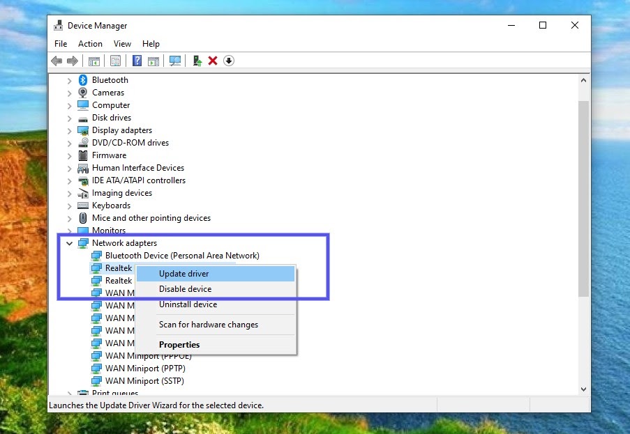 Aggiornamento dell'adattatore del driver di rete in Windows