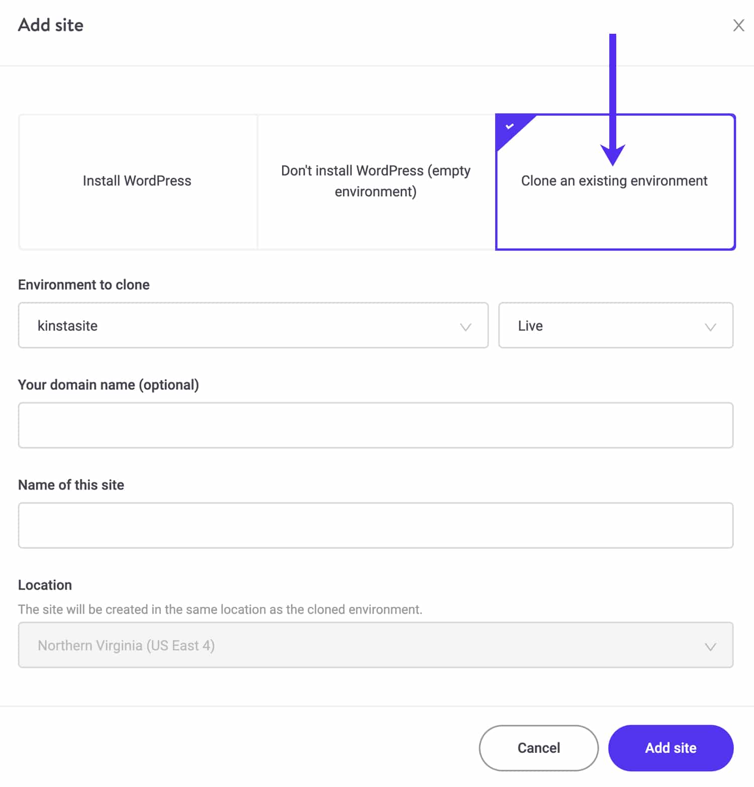Clonare un ambiente Kinsta esistente in un nuovo sito.