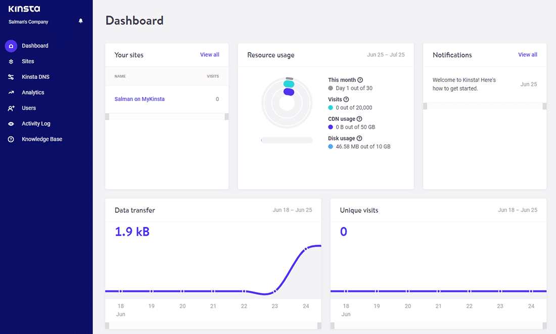 Il cruscotto "Sviluppatore di azienda" in MyKinsta