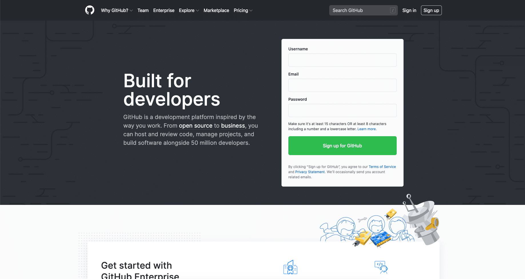 La home page del sito web di GitHub