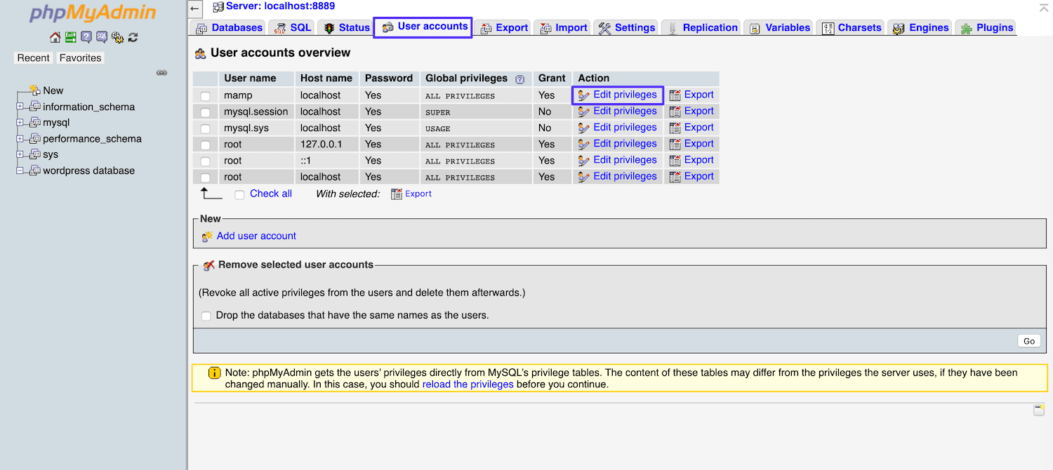 Modifica dell'account utente predefinito phpMyAdmin di MAMP