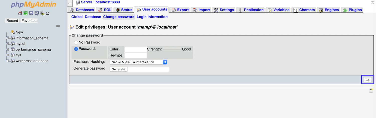 Modifica della password predefinita dell'account MAMP in phpMyAdmin