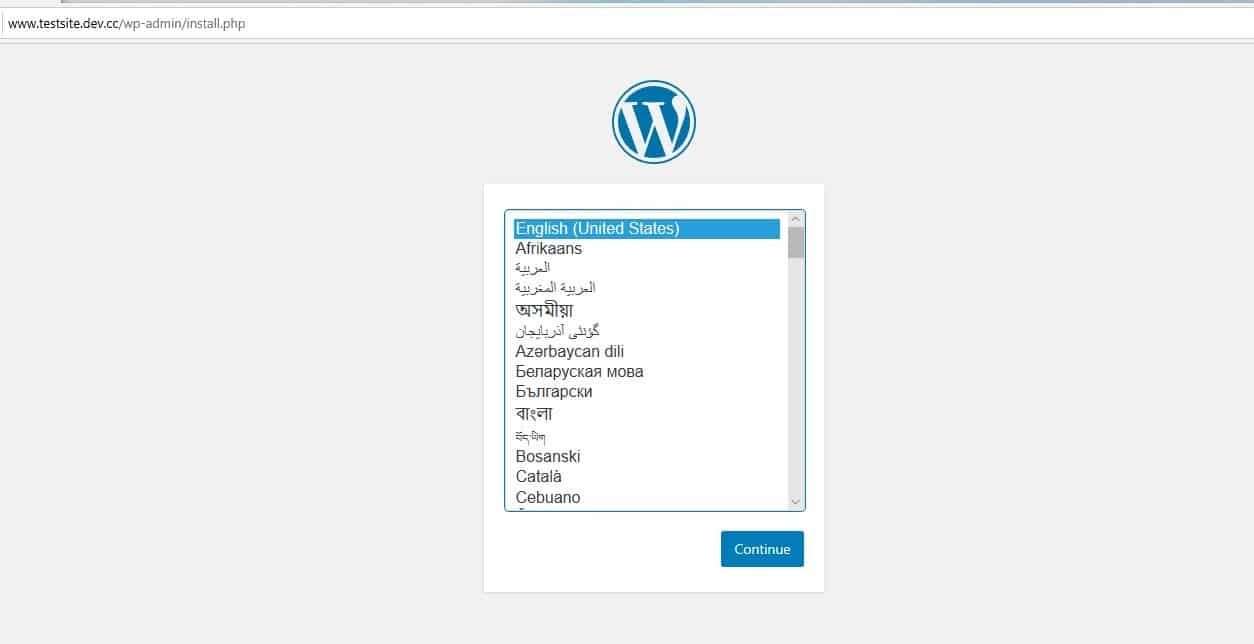 Una nuova pagina di installazione di WordPress