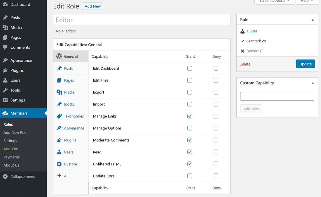 Il pannello 'Edit Role' in Members