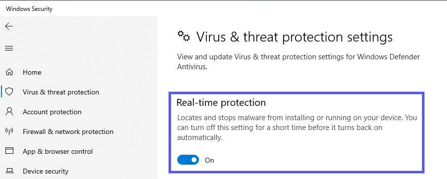 Impostazioni di protezione in tempo reale in Windows