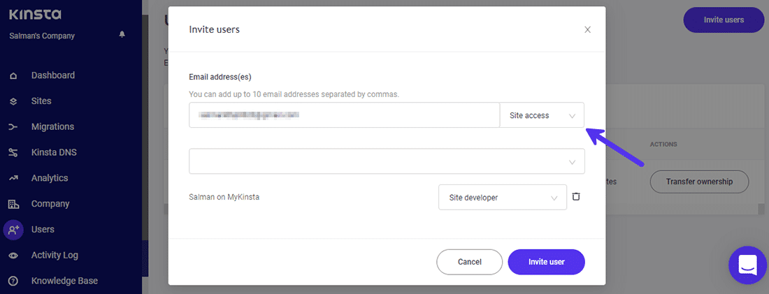 Scegliere il tipo di ruolo quando si invita un utente a MyKinsta