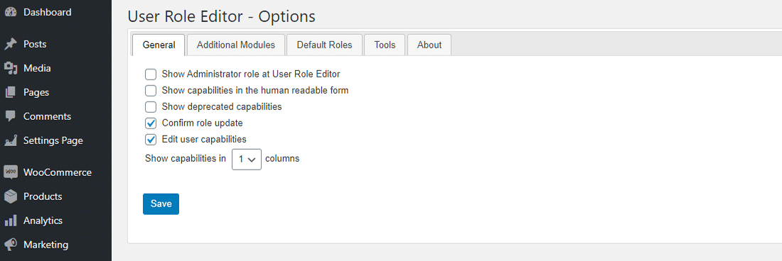 La scheda delle opzioni "Generale" per User Role Editor