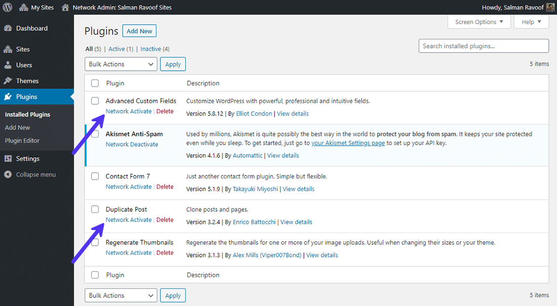 Il Super Admin può anche attivare i plugin sul network.