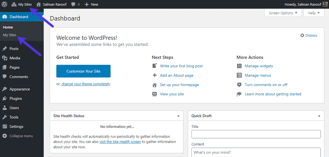 La bacheca del ruolo 'Super Admin' in un network Multisite di WordPress