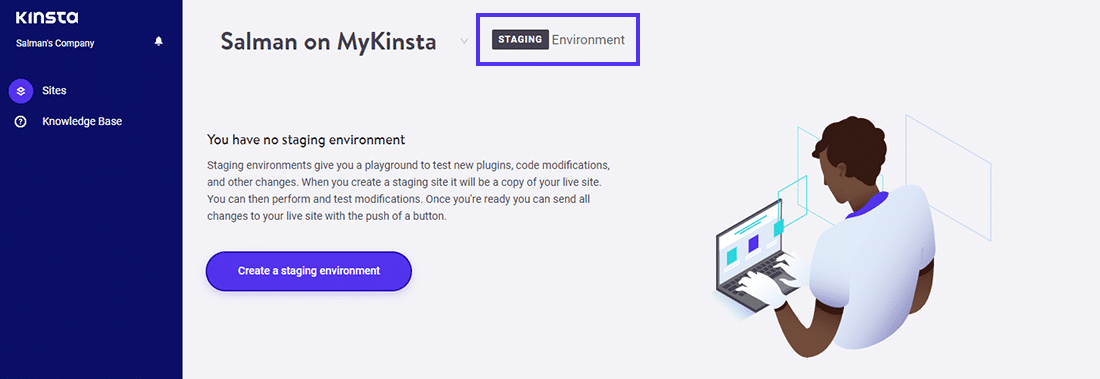 Il cruscotto "Sviluppatore del sito" in MyKinsta