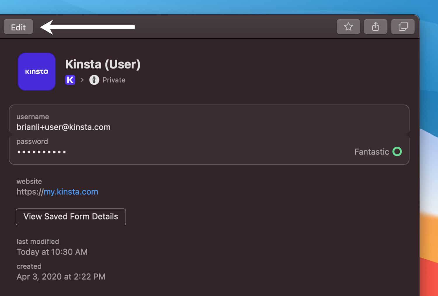 Trovare il profilo di accesso a MyKinsta in 1Password.