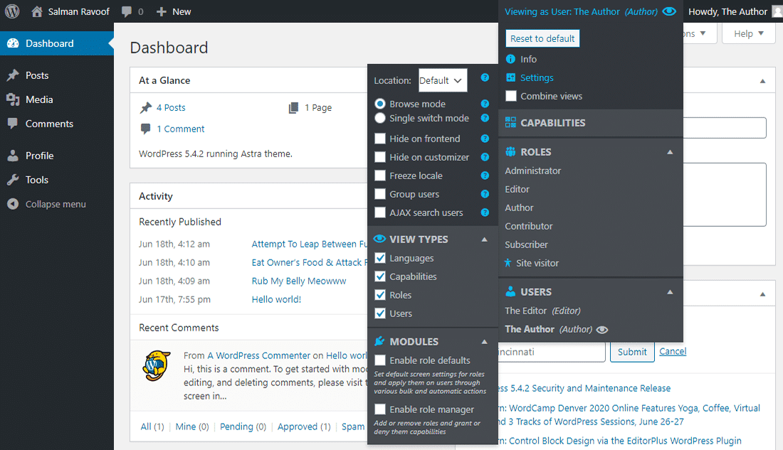 Impostazioni e moduli opzionali di View Admin As