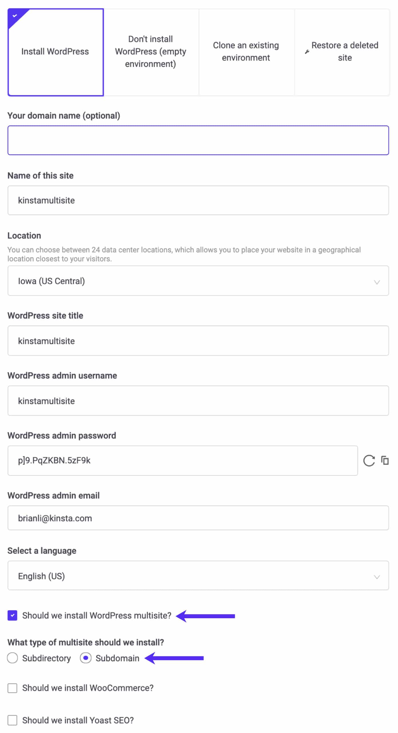 Aggiunta di WordPress Multisito in MyKinsta.