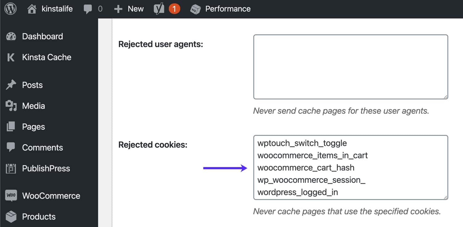 Bypassare i cookie di WooCommerce in W3 Total Cache.