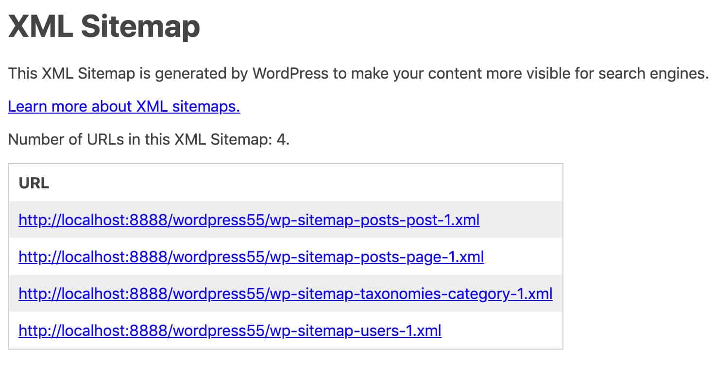 Esempio di sitemap core di WordPress