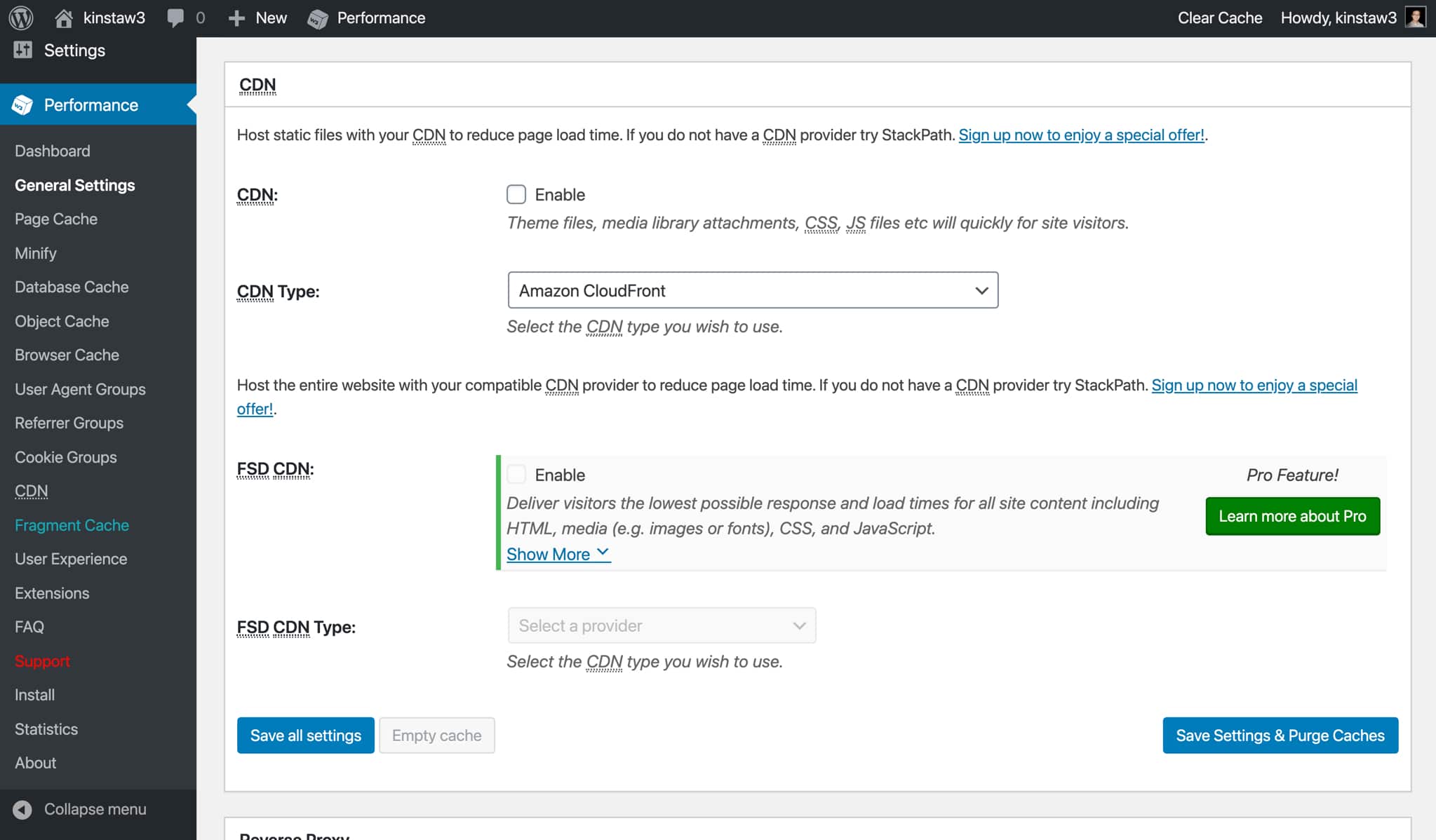 Impostazioni CDN in W3 Total Cache.